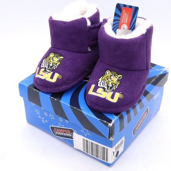 LSU Tigers Embroidered Baby Booties Boots Shoes Faux Suede/Fur Sz 4 New w/ tags - Picture 1 of 7